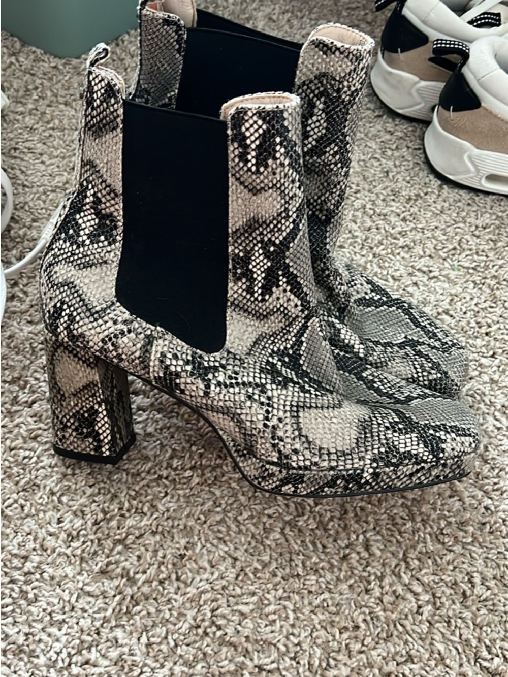French Connection Snake-Print Chelsea Booties in Black and Gray